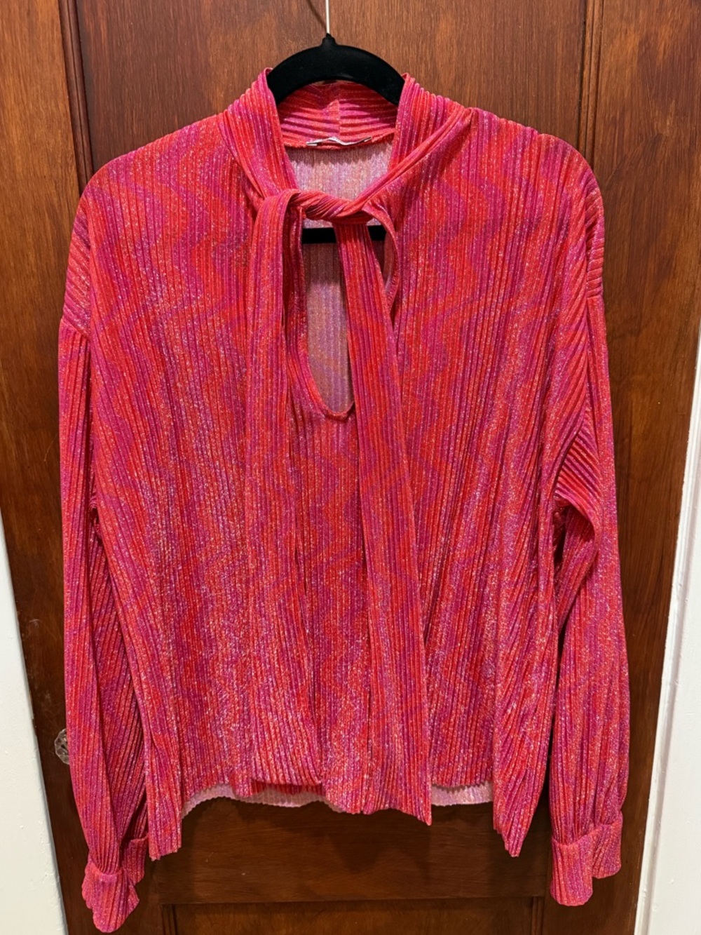 Zara Pink Ribbed Tie-Neck Long Sleeve Top